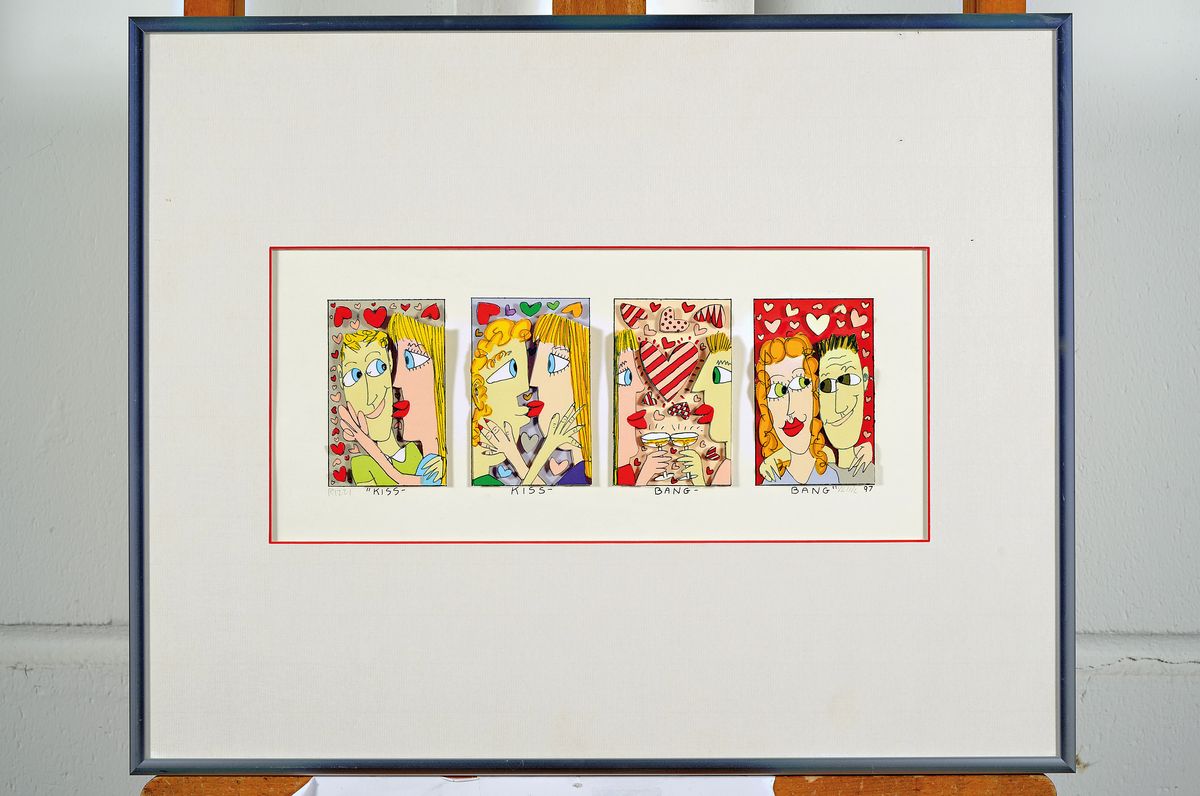 Detail k: James Rizzi, 1930-2011, Kiss Kiss Bang Bang, 3D-Konstruktion, handsign., num. dat.97,unter Glas gerahmt, gesamt ca, 41x51 cm