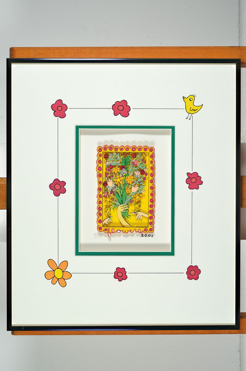 Detail k: James Rizzi, 1930-2011, Flowers, 3D-Konstruktion, handsign., num. 346/350, dat. 2001, unter Glas gerahmt, gesamt ca. 42,5x36,5 cm