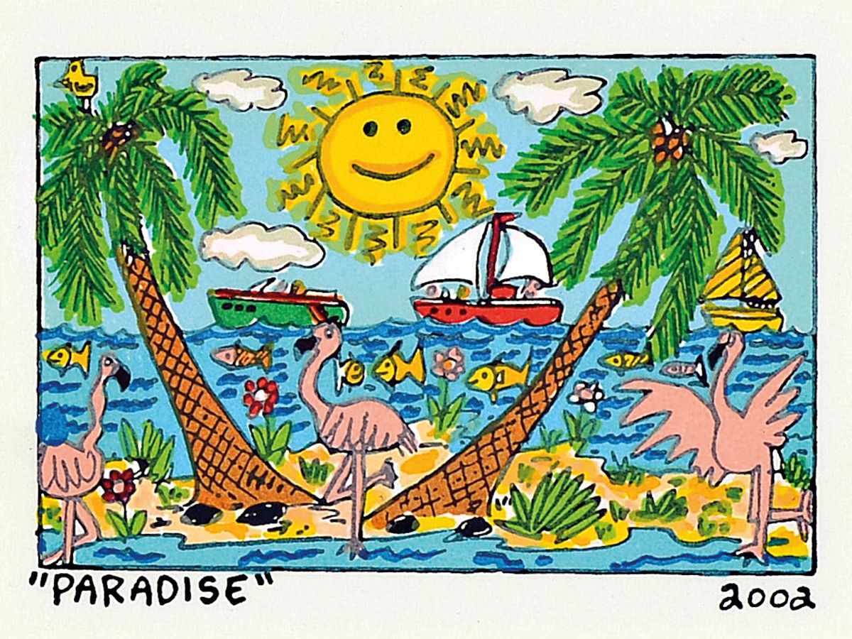 James Rizzi, 1930-2011, Paradise, Lithografie, dat. 2002, unter Glas gerahmt, gesamt ca. 26x28 cm