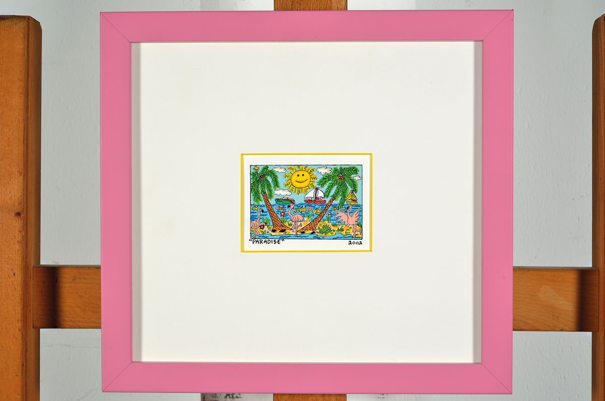 Detail k: James Rizzi, 1930-2011, Paradise, Lithografie, dat. 2002, unter Glas gerahmt, gesamt ca. 26x28 cm