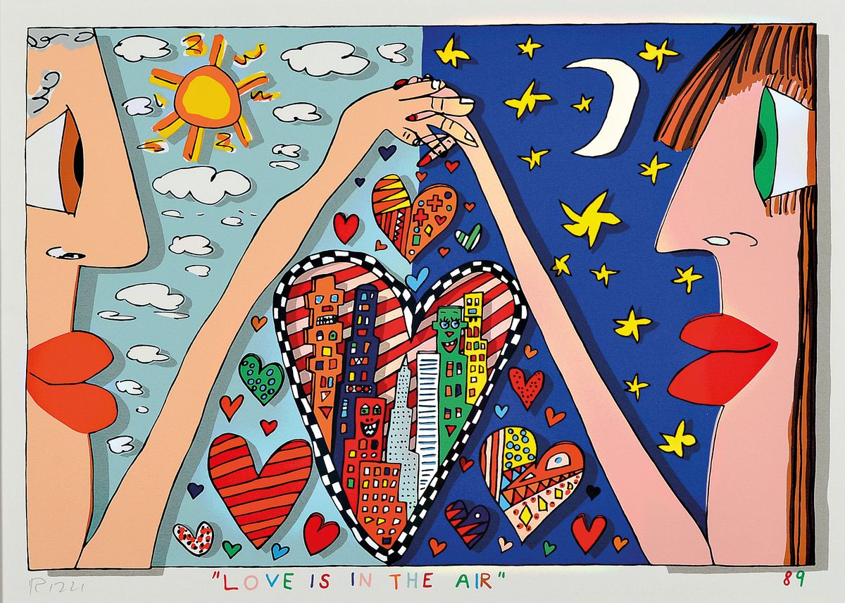 James Rizzi, 1930-2011, Love is in the Air, Lithografie, handsign., dat. 89, unter Glas gerahmt, gesamt ca. 49,5x61 cm