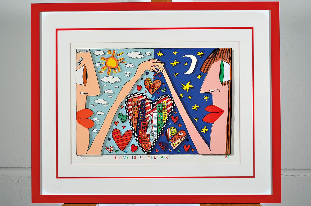 Detail k: James Rizzi, 1930-2011, Love is in the Air, Lithografie, handsign., dat. 89, unter Glas gerahmt, gesamt ca. 49,5x61 cm