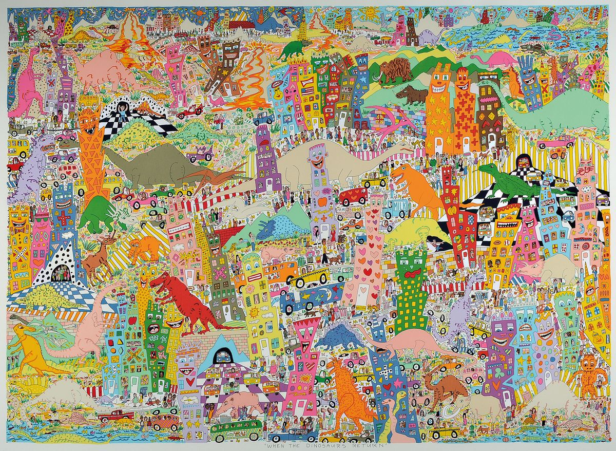 James Rizzi, 1930-2011, When the Dinosaurs Return, Lithografie, unter Glas gerahmt, gesamt ca. 92x120 cm