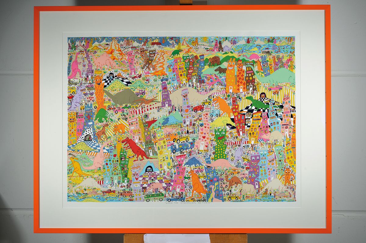 Detail k: James Rizzi, 1930-2011, When the Dinosaurs Return, Lithografie, unter Glas gerahmt, gesamt ca. 92x120 cm