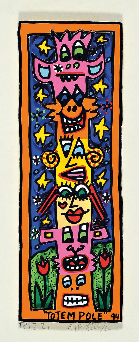 James Rizzi, 1930-2011, "Totem Pole", 3D-Konstruktion, handsign., num. AP XIII/L, unter Glas gerahmt, Motiv ca. 20,5x7 cm , gesamt ca. ...
