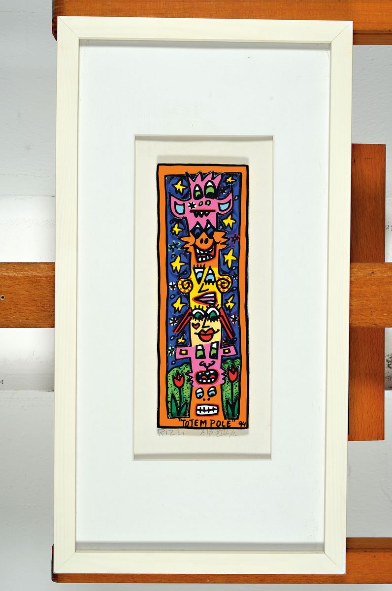 Detail k: James Rizzi, 1930-2011, "Totem Pole", 3D-Konstruktion, handsign., num. AP XIII/L, unter Glas gerahmt, Motiv ca. 20,5x7 cm , gesamt ca. ...