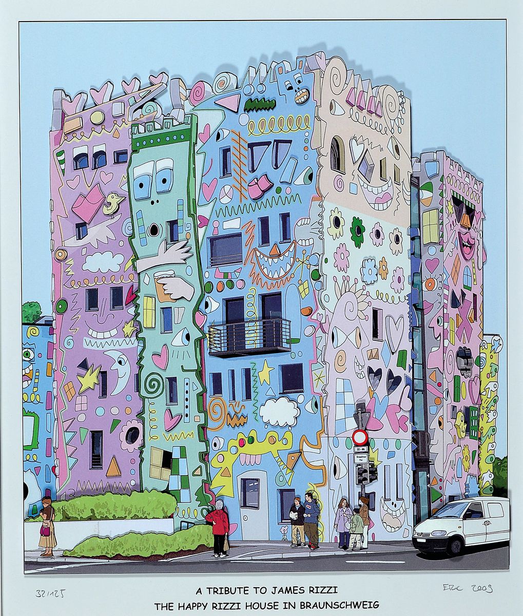 Eric Rob, 1954-2013 London, " A Tribute to James Rizzi-Happy Rizzi House ", 3D-Konstruktion, handsign., num. 32/125, dat. 2009, unter Glas ...
