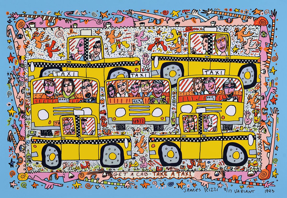 James Rizzi, 1930-2011, "Get A Cab-Take A Taxi", Mischtechnik, Acrylfarbe auf Canvas, sign., num. 8/17, dat. 1993, Rahmen, gesamt ca. ...