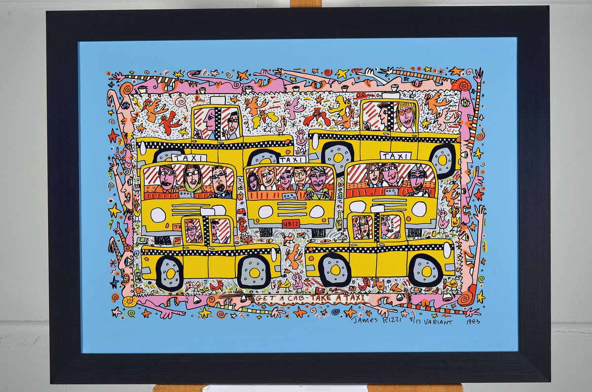 Detail k: James Rizzi, 1930-2011, "Get A Cab-Take A Taxi", Mischtechnik, Acrylfarbe auf Canvas, sign., num. 8/17, dat. 1993, Rahmen, gesamt ca. ...