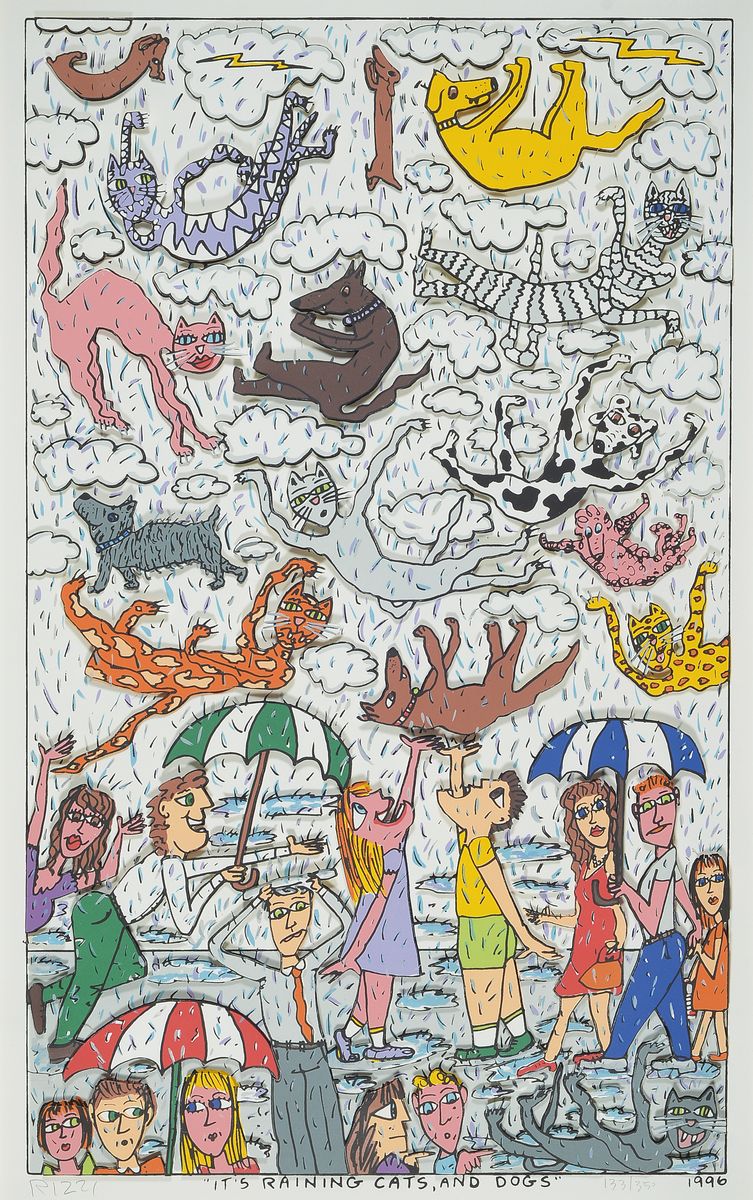 James Rizzi, 1930-2011, "Its Raining Cats and Dogs, 3D-Konstruktion, handsign., num. 1300/350, dat. 1996, PP, unter Glas gerahmt, Motiv ca. ...
