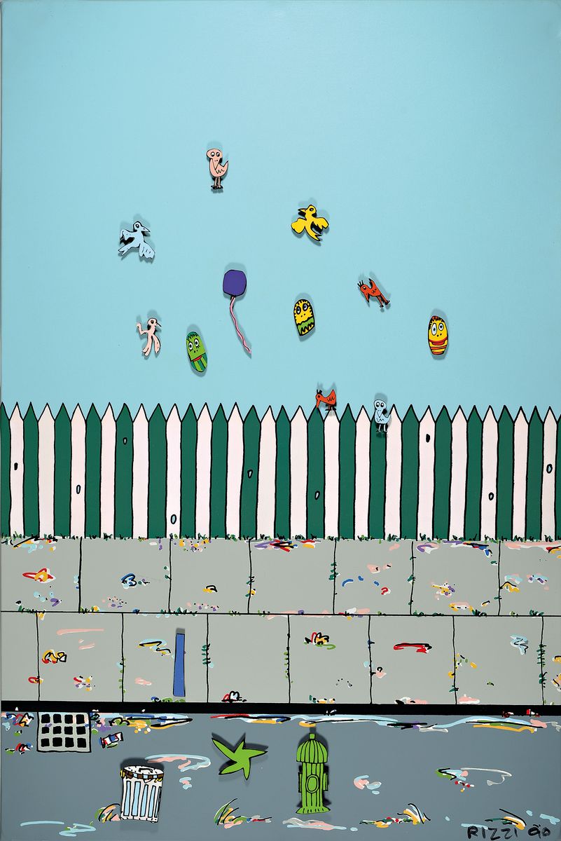 James Rizzi, 1930-2011, "Move In", belebtes Stadtmotiv bei Nacht, Acryl/Lwd, darauf 3D-Holzfiguren magnetisch befestigt, Elemente ...