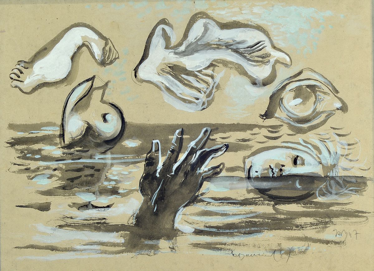 Rudi Baerwind, 1910 Mannheim - 1982, Aquarell auf Papier, Badende, abstr. Darstellung, spürbarer Einfluß von Fernand Leger,signiert, und dat. 47, ...