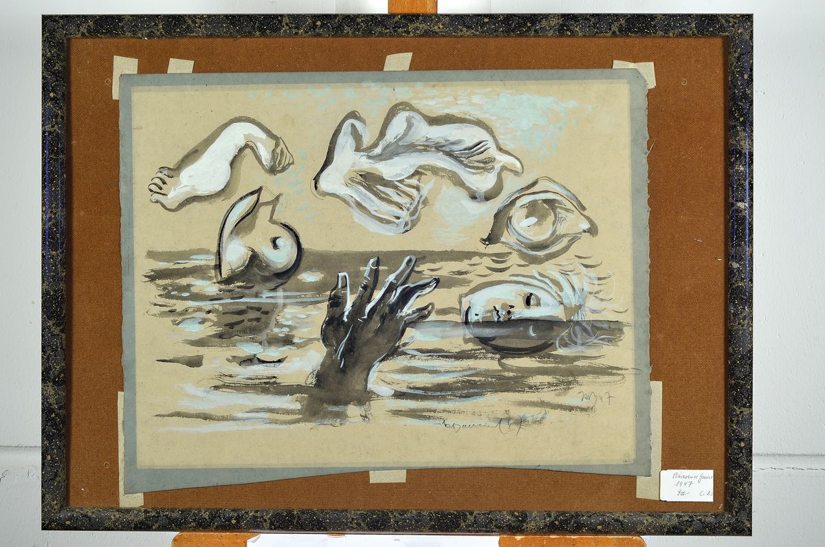 Detail k: Rudi Baerwind, 1910 Mannheim - 1982, Aquarell auf Papier, Badende, abstr. Darstellung, spürbarer Einfluß von Fernand Leger,signiert, und dat. 47, ...