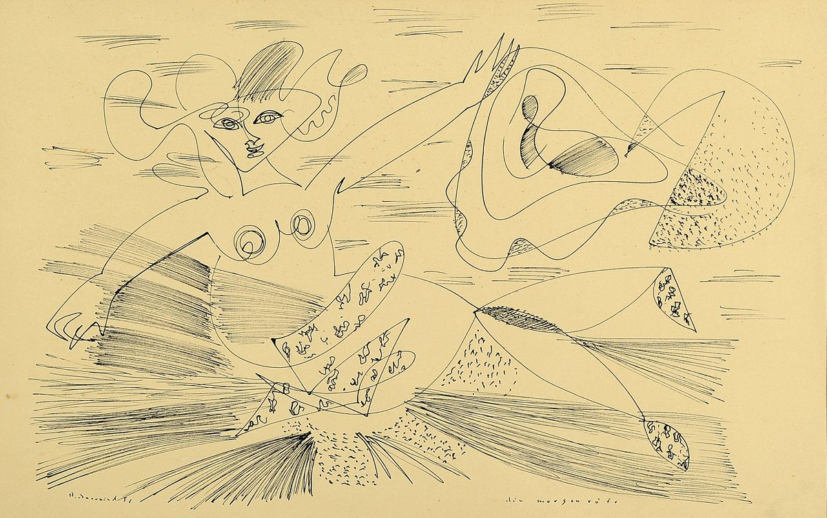 Rudi Baerwind, 1910 Mannheim - 1982, Federzeichnung auf Papier, "die Morgenröte", spürbarer Einfluß von Fernand Leger, signiert und ...