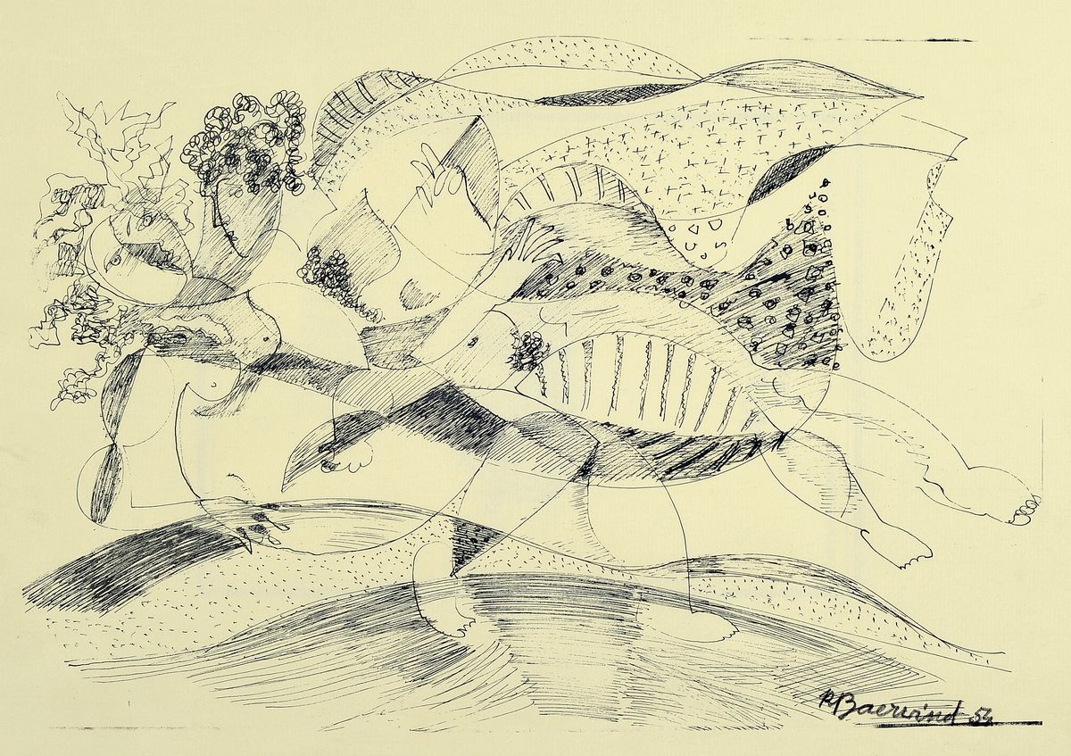 Rudi Baerwind, 1910 Mannheim - 1982, Bleistiftzeichnung auf Paper, abstr. Komposition, signiert, ca. 48 x 36 cm, unter Glas, Rahmen: 65 x 53 cm und ...