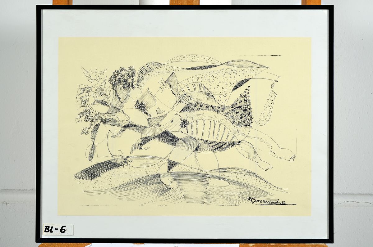 Detail k: Rudi Baerwind, 1910 Mannheim - 1982, Bleistiftzeichnung auf Paper, abstr. Komposition, signiert, ca. 48 x 36 cm, unter Glas, Rahmen: 65 x 53 cm und ...