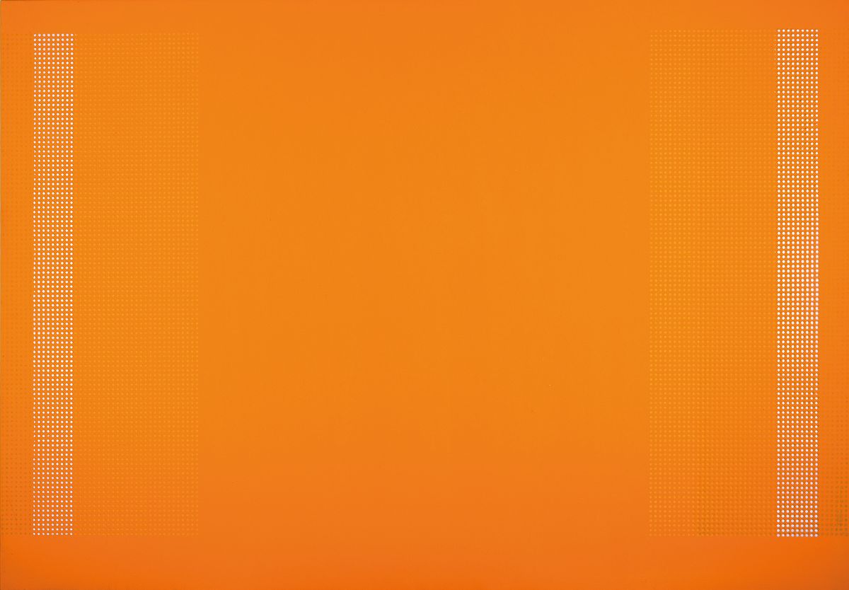 Reinhard Roy, geb. 1948 Klitten, Deutsche Bildhauer und Maler, bekannt für seine Rasterformensprache in der konstruktiven Kunsthier: Werk in Orange, ...