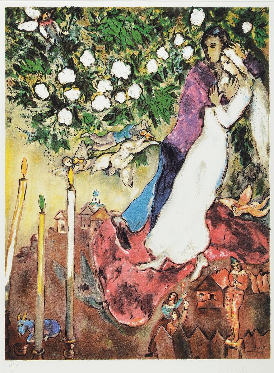 Marc Chagall, 1887-1985, Die drei Kerzen, limitierte posthume Chromo-Lithographie nach einer Arbeit von 1939, num. 35/450, Namenszug als Prägedruck ...