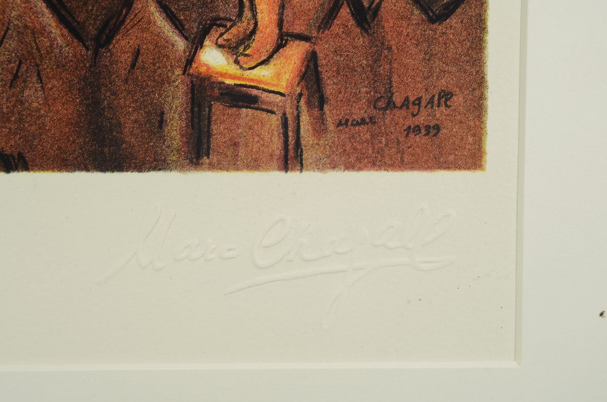 Detail a: Marc Chagall, 1887-1985, Die drei Kerzen, limitierte posthume Chromo-Lithographie nach einer Arbeit von 1939, num. 35/450, Namenszug als Prägedruck ...