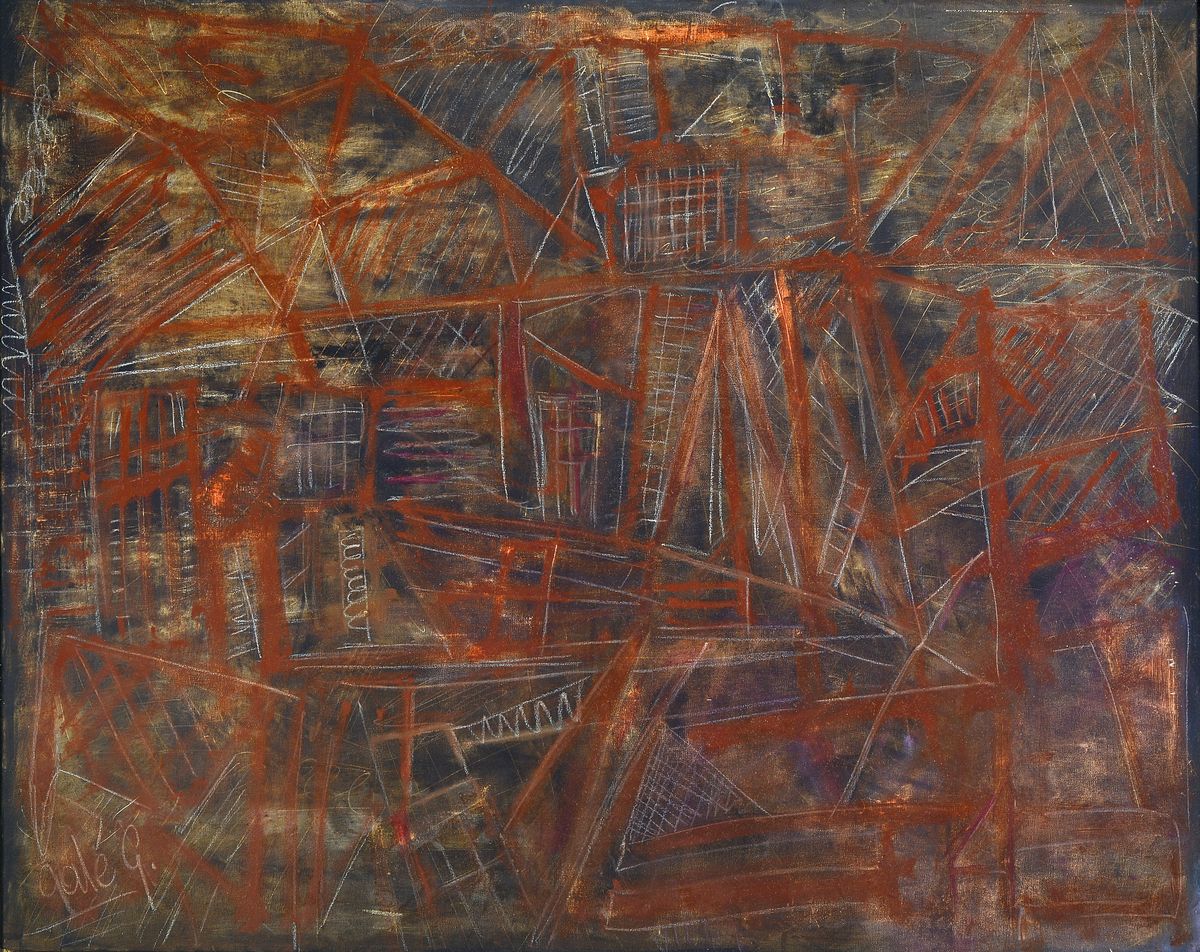 Gaston Gale, belgischer, zeitgenössischer Künstler, abstr. Stadtansicht, Öl/Lwd, signiert, ca. 80 x 100 cm, Rahmen ca. 81 x 101 cm