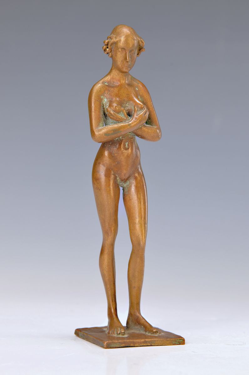 Monogrammist, NJ, wohl Nordeuropäisch , Mitte 20. Jh., stehender Akt, Bronze, H. ca. 17 cm