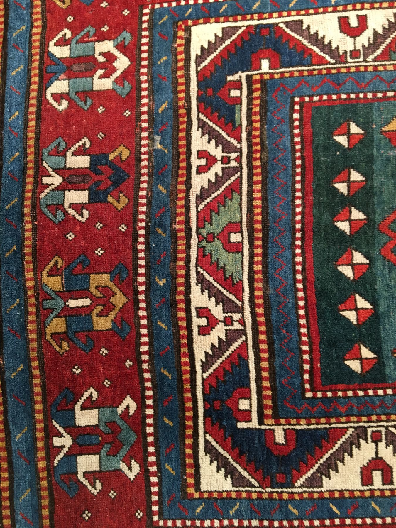 Detail f: Seltener großer grüner Fachralo Kasak "Kelley" antik, Südwestkaukasus, 19.Jhd., Wolle geknüpft auf Wolle. Sehr seltener Fachralo Kasak ...