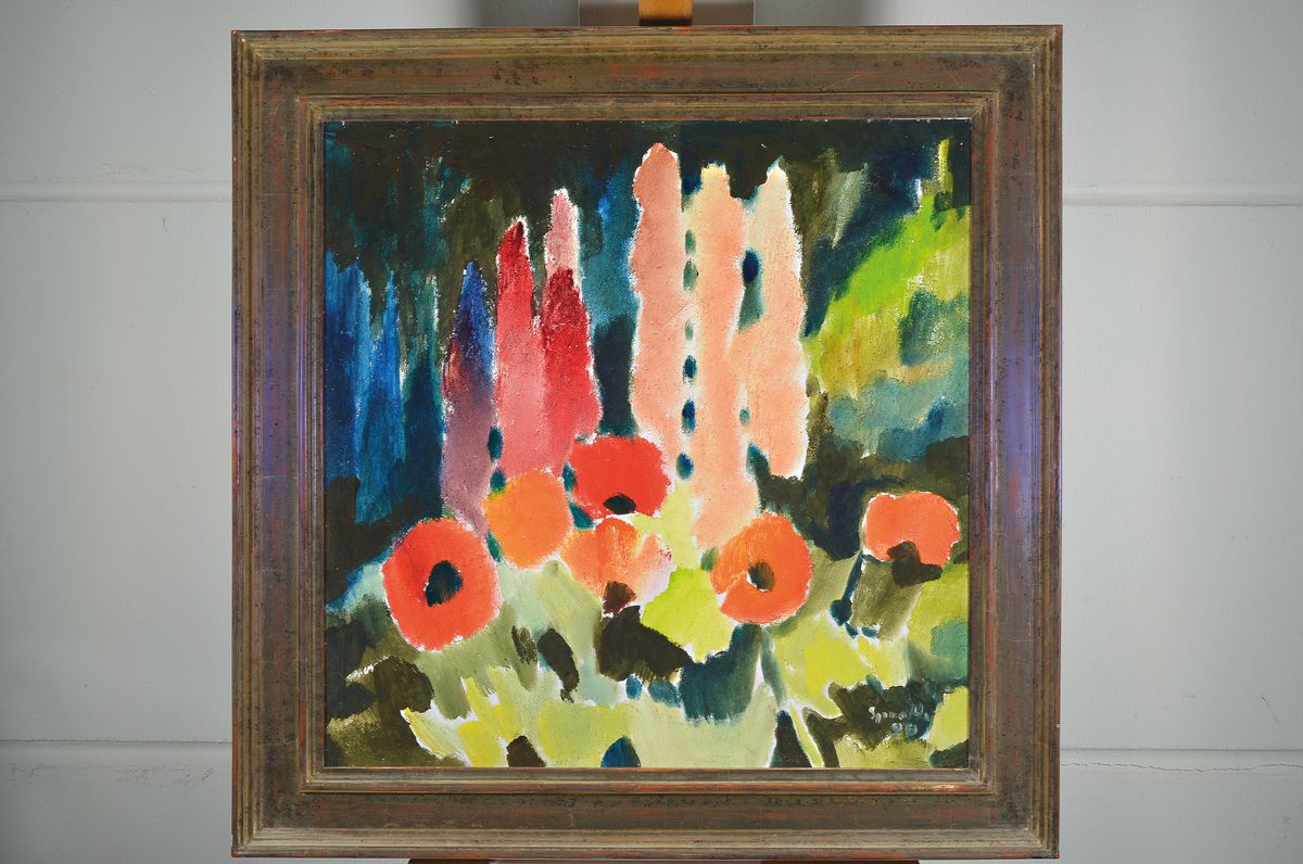 Detail k: Siegward Sprotte, 1913-2004, Mohn und Lupinen in meinem Garten, rückseitig auf dem rahmen so betitelt und datiert 1990, Öl/ Hartfaser, rechts unten ...