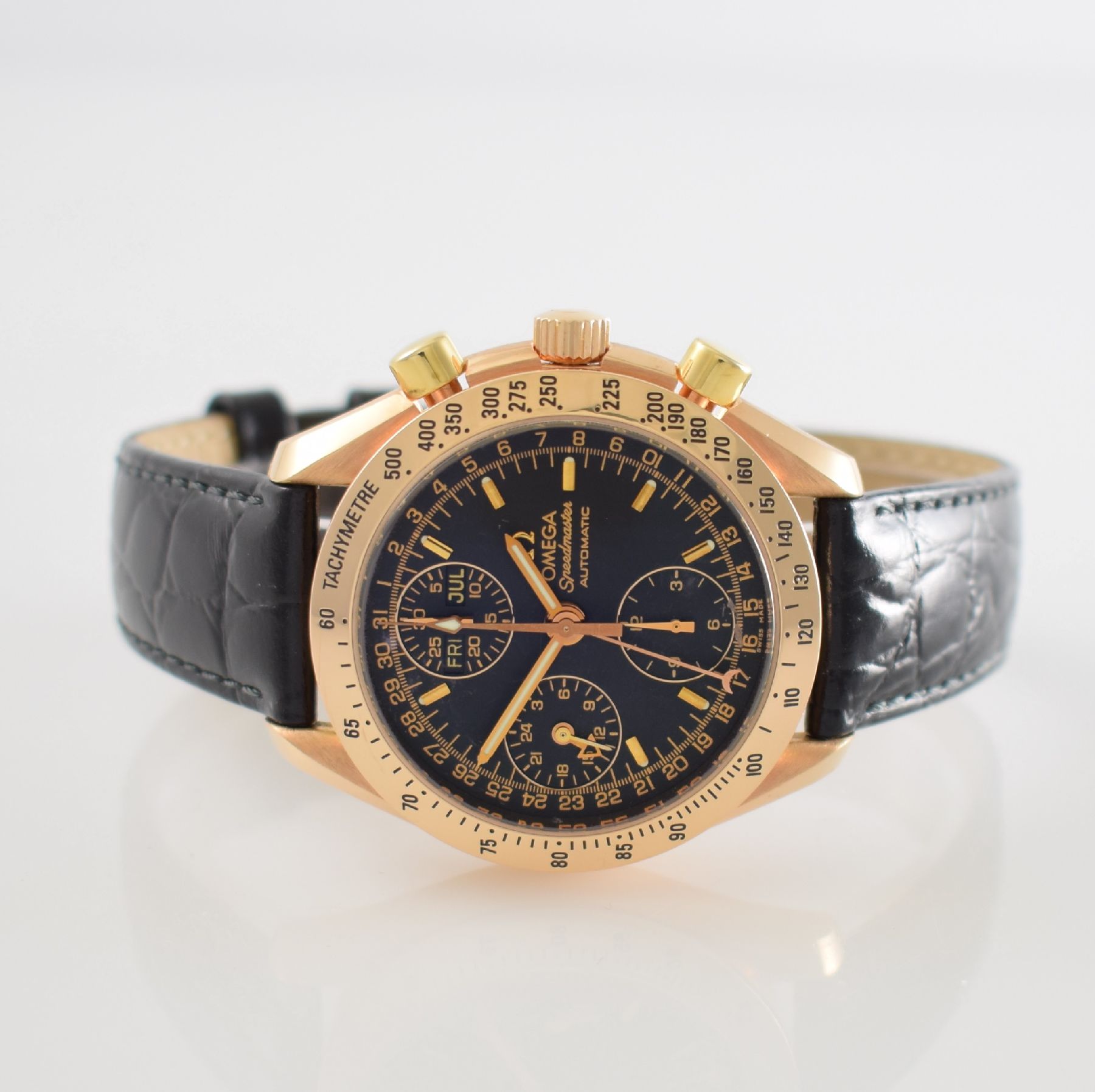 OMEGA seltener Armbandchronograph Speedmaster "Triple Date" in Rosegold 750/000, Schweiz um 2000, Automatik, Ref. 1750084, 3-teil. Geh., ...