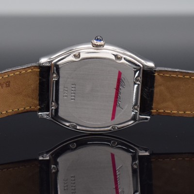 25880937f - CHOPARD 18k white gold tonneau shaped gents wristwatch with power reserve indicator reference 2248, self winding, back with 8 screws, sapphire crystal, partial engine turned silvered dial patinated, power reserve indicator at 3, date at 6, jeweled crown, measures approx. 38 x 33 mm, condition 2-3