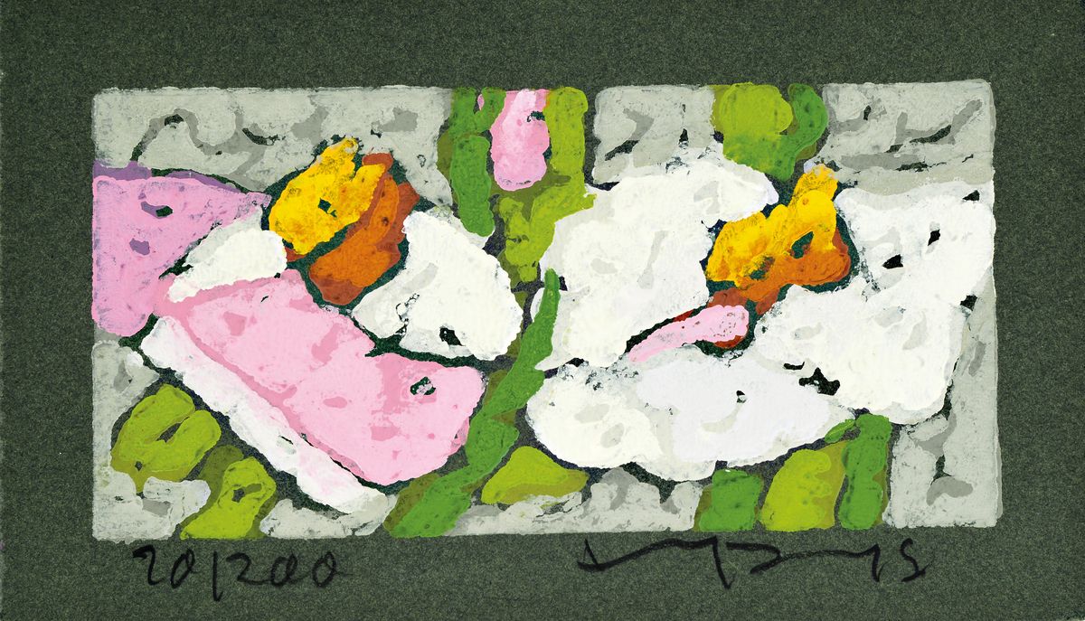 Klaus Fußmann, geb. 1938 Velbert, Rosen, Farblinolschnitt auf grünem Papier, handsigniert und num. 20/200, Blattgr. ca. 10.5x18cm
