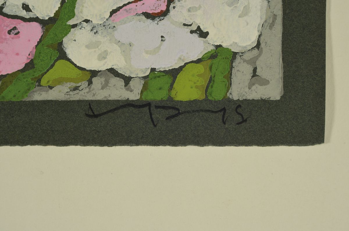 Detail a: Klaus Fußmann, geb. 1938 Velbert, Rosen, Farblinolschnitt auf grünem Papier, handsigniert und num. 20/200, Blattgr. ca. 10.5x18cm