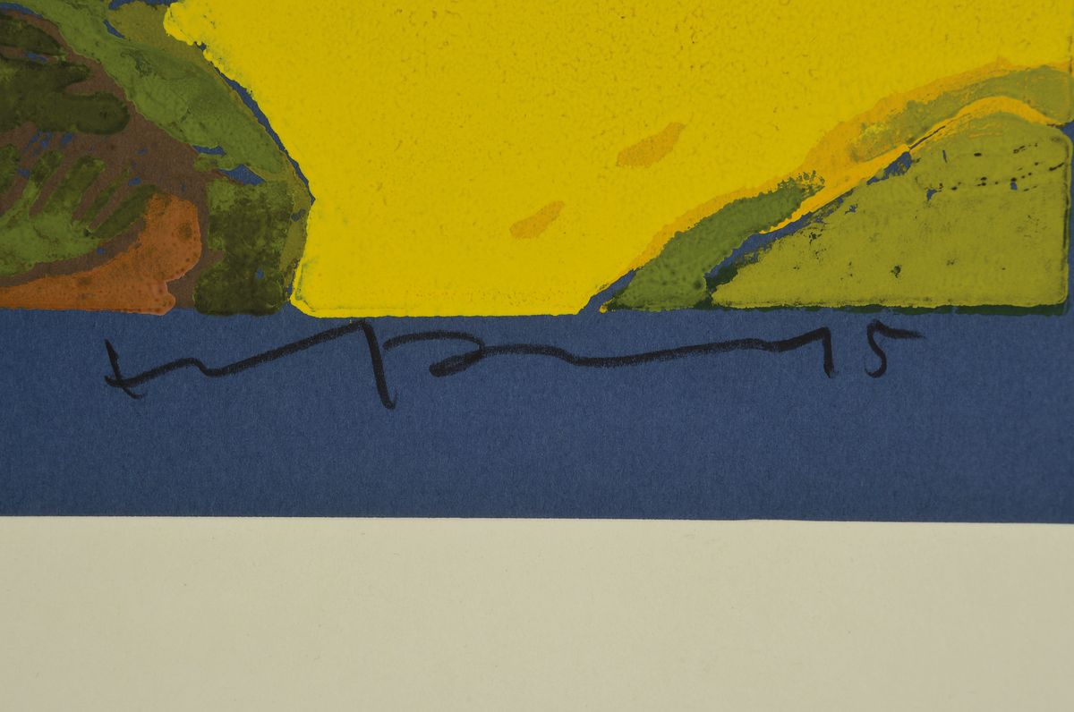 Detail a: Klaus Fußmann, geb. 1938 Velbert, Raps bei Kronsgard, Farblinolschnitt auf blauem Papier, handsigniert, num. 57/180, Blattgr. ca. 25.5x33.5cm