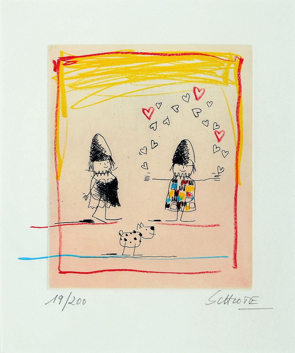 Wilhelm Schlote, geb. 1946 Lüdenscheid, bekannt für seine Cartoons und Plakate, hier: 3x Mischtechnik auf Papier, verschiedene Motive: a. ...