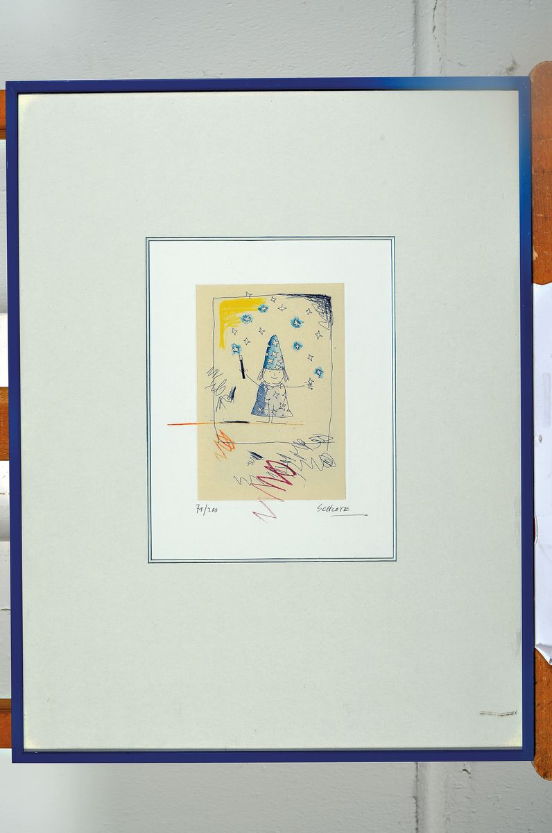 Detail m: Wilhelm Schlote, geb. 1946 Lüdenscheid, bekannt für seine Cartoons und Plakate, hier: 3x Mischtechnik auf Papier, verschiedene Motive: a. ...