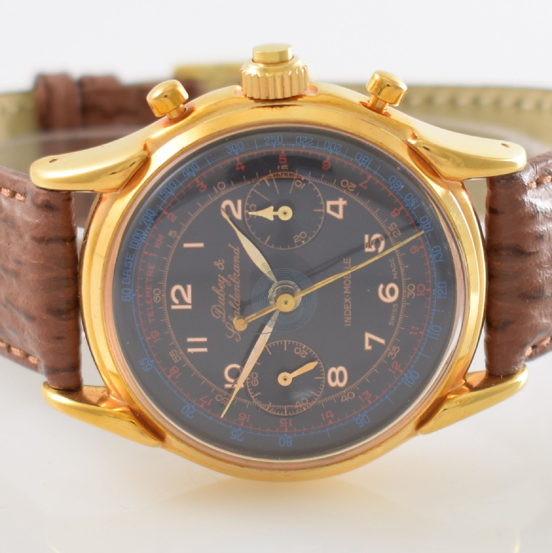 Detail a: DUBEY & SCHALDENBRAND INDEX-MOBILE Armbandchronograph mit Mono-Rattrapante, Schweiz um 1985, Handaufzug, verg. Geh. beids. vergl., schwarzes ...