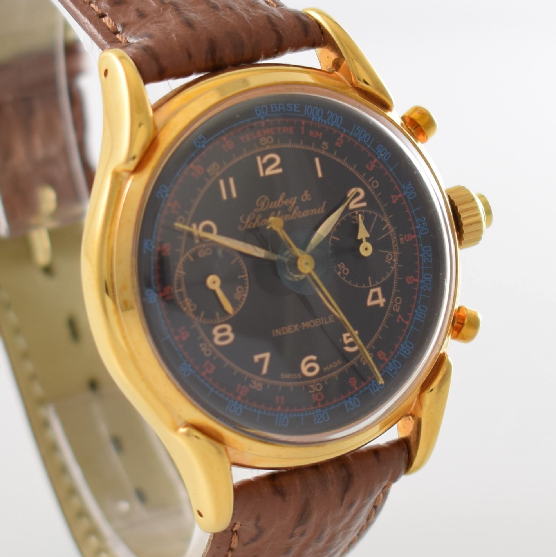 Detail e: DUBEY & SCHALDENBRAND INDEX-MOBILE Armbandchronograph mit Mono-Rattrapante, Schweiz um 1985, Handaufzug, verg. Geh. beids. vergl., schwarzes ...