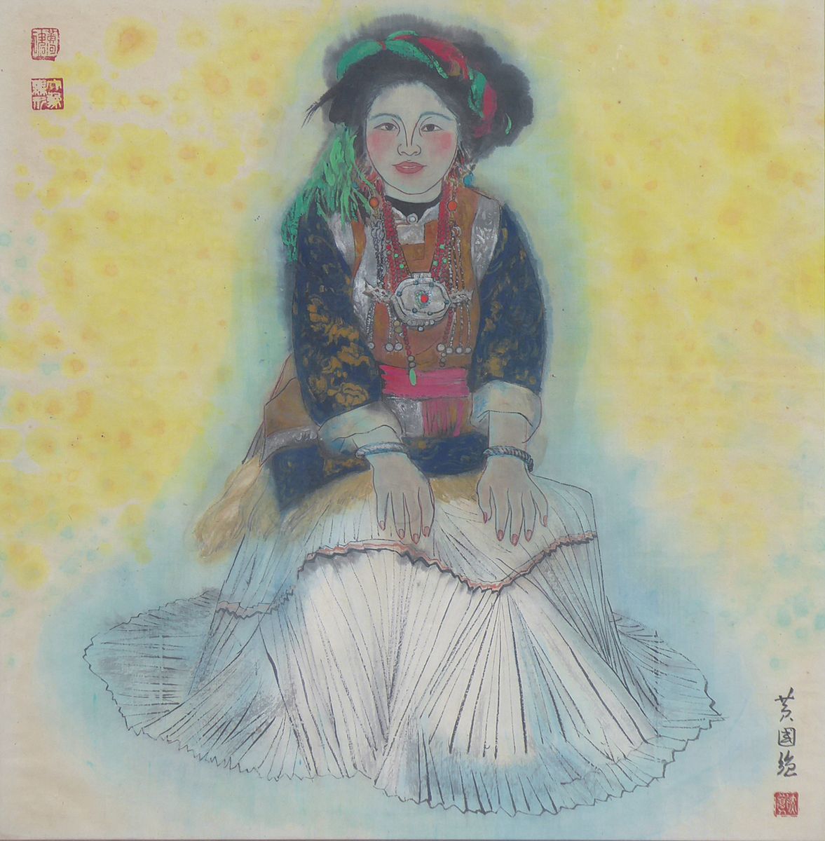 Guo-Qiang Huang, geb. 1932, Tusche/Aquarell auf Papier, mit Signaturstempel unten rechts, junge Frau in ethnologisch tibetanischer Kleidung mit ...