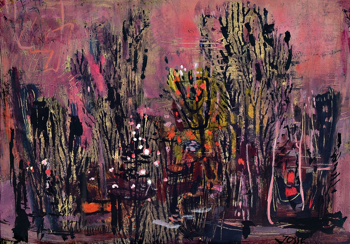 Friedrich Jossé, 1897 Wolfstein-1994 Speyer,Der Blumengarten der Aurora, Gouache auf Papier, rechts unten signiert, ca. 27x38cm, PP, u.Gl., R. ca. ...