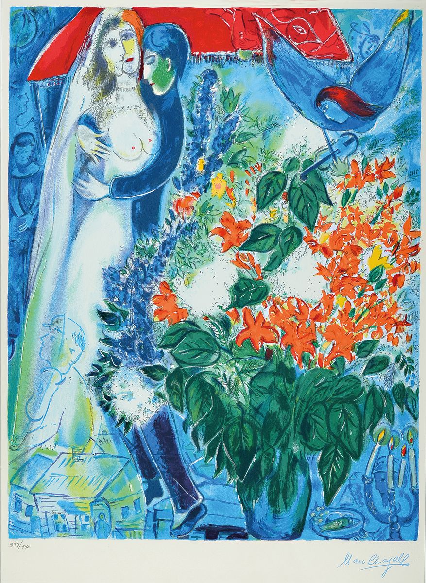 Marc Chagall, 1887-1985, Brautpaar unter Baldachin, Farbsiebdruck, limit. Auflage, num. 879/950, ca. 67x52cm,