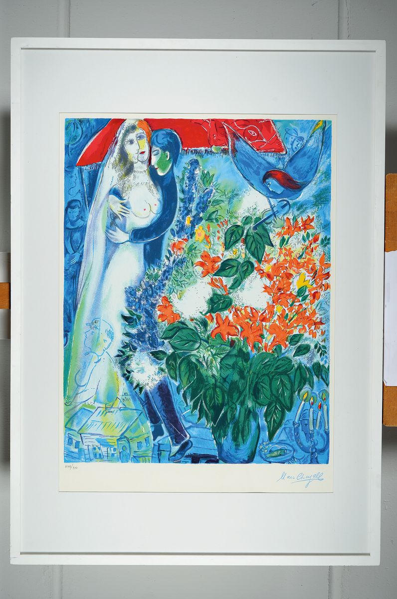 Detail k: Marc Chagall, 1887-1985, Brautpaar unter Baldachin, Farbsiebdruck, limit. Auflage, num. 879/950, ca. 67x52cm,