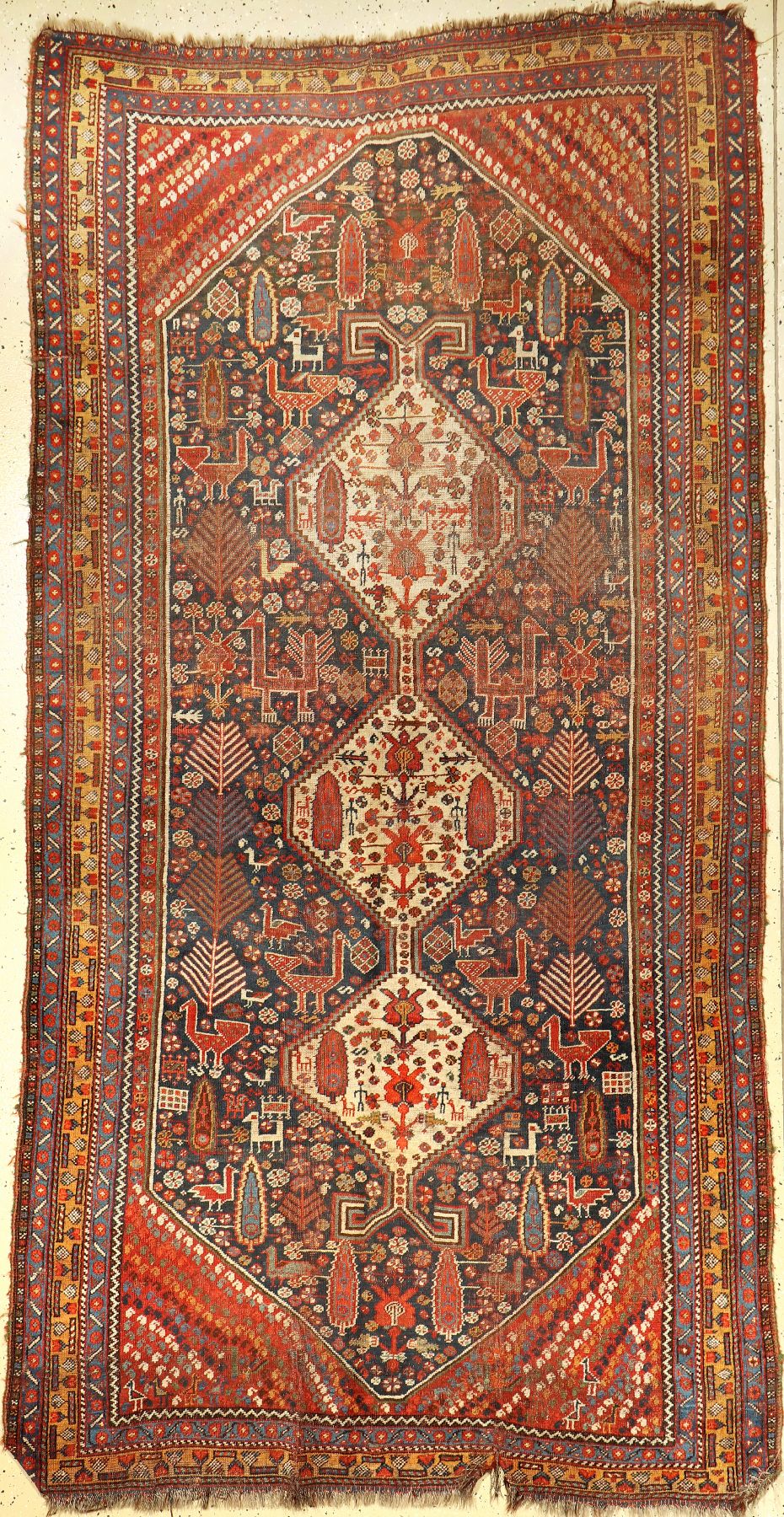 Khamseh Baharlou antik, Persien, 19.Jhd., Wolle auf Wolle, ca. 270 x 138 cm, Vogel-Medaillon Muster, EHZ: 4-5