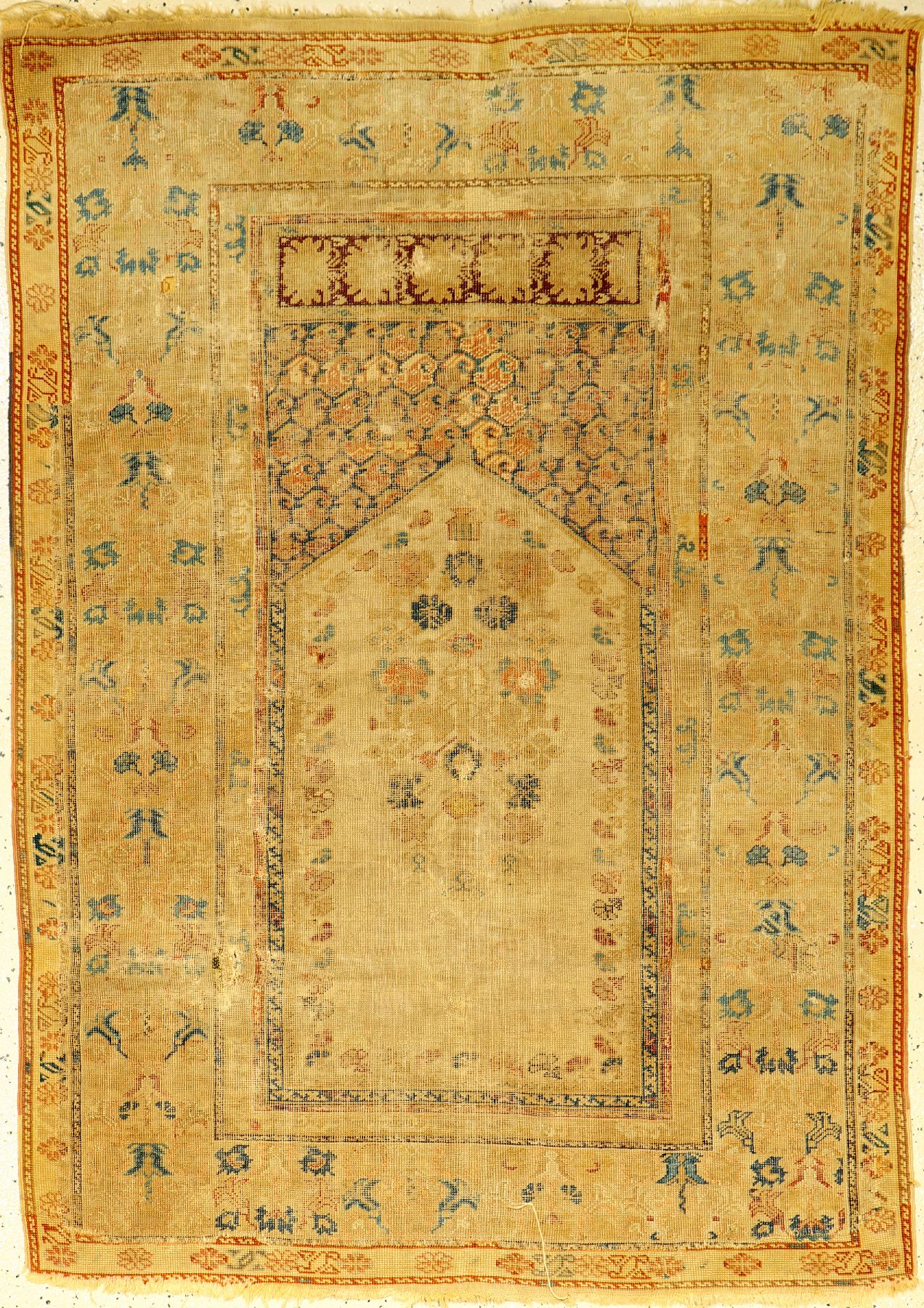 Früher Kula Gebetsteppich antik, Türkei, 18.Jhd., Wolle auf Wolle, ca. 163 x 114 cm, (Alters und Gebrauchsspuren)