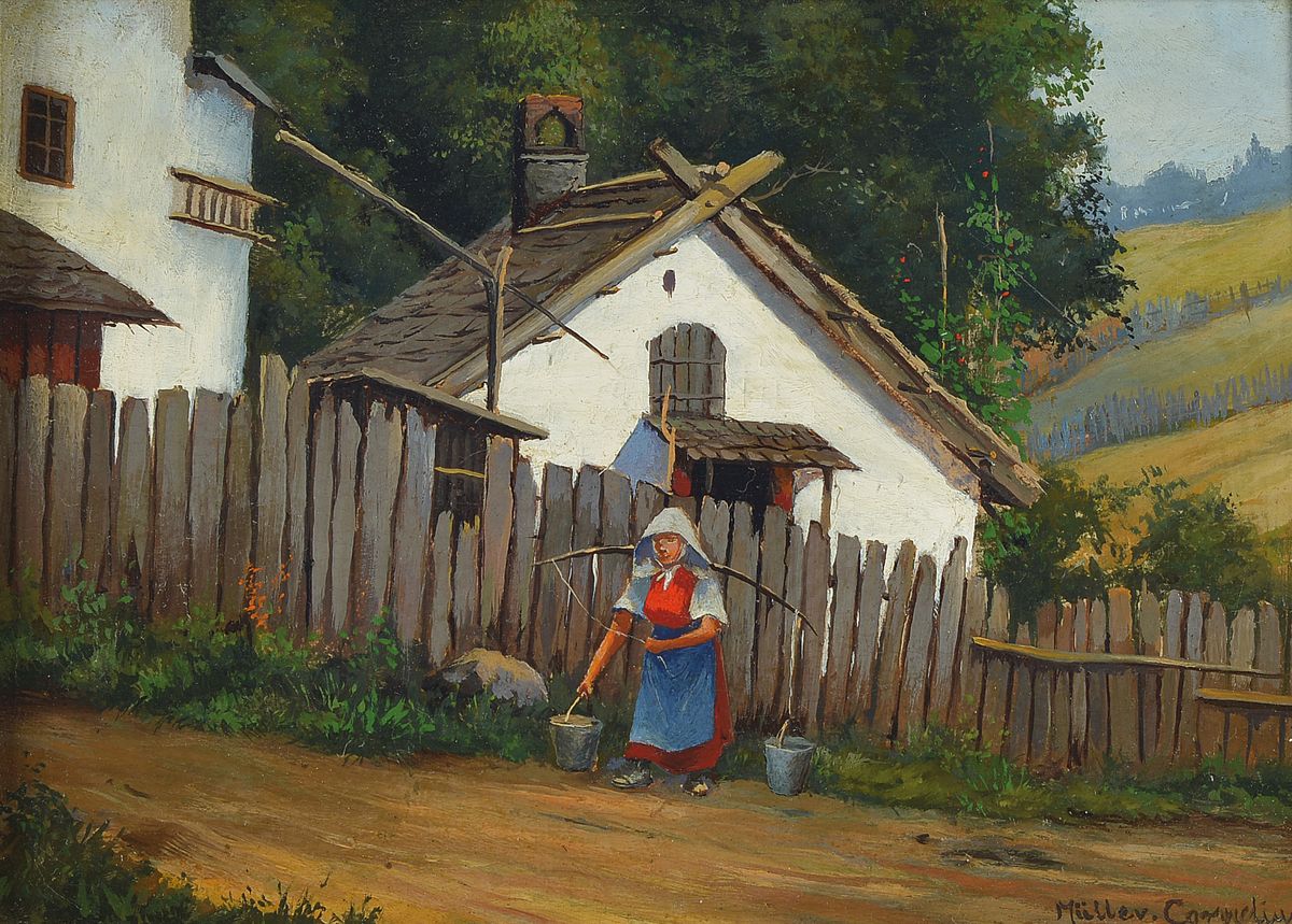 Ludwig Müller-Cornelius, 1864 München-1946, Wassertragende Frau vor Bauernhof, Öl/Holz, rechts unten signiert, ca. 18x25cm/30x38cm, Rahmen ...