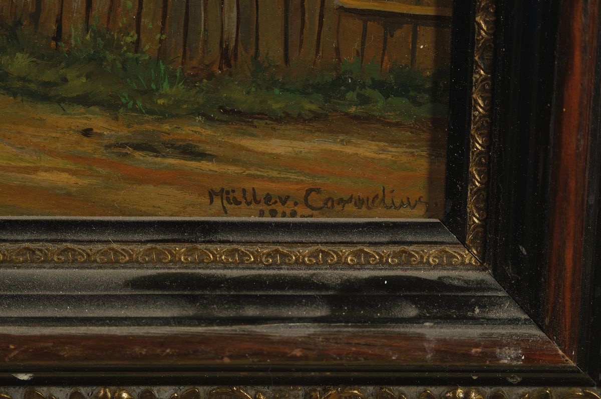 Detail a: Ludwig Müller-Cornelius, 1864 München-1946, Wassertragende Frau vor Bauernhof, Öl/Holz, rechts unten signiert, ca. 18x25cm/30x38cm, Rahmen ...