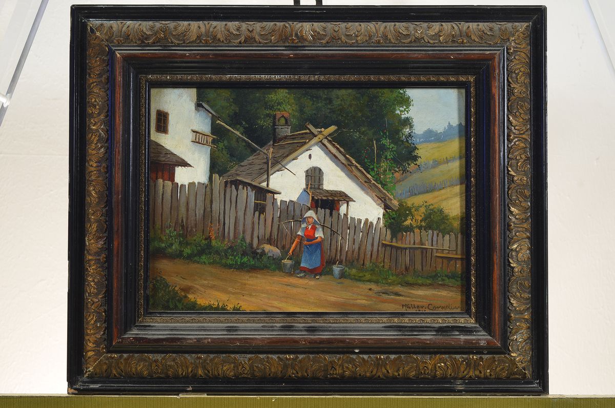 Detail k: Ludwig Müller-Cornelius, 1864 München-1946, Wassertragende Frau vor Bauernhof, Öl/Holz, rechts unten signiert, ca. 18x25cm/30x38cm, Rahmen ...