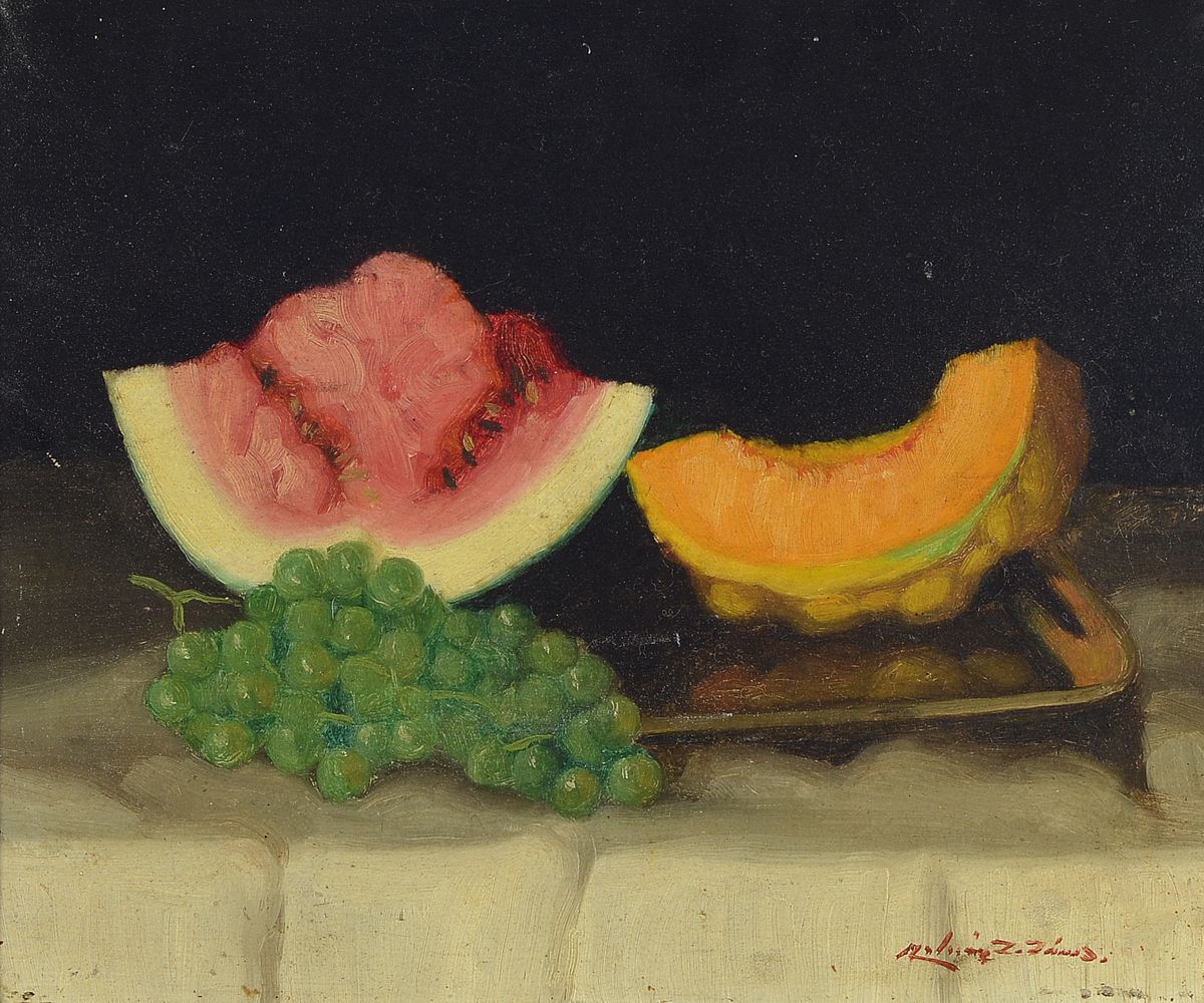 Janos Zoltan Molnar, 1880-1960, ungarischer Stilllebenmaler, Stillleben mit Melonenstücken und Trauben, Öl/Malkarton, rechts unten signiert, ca. ...