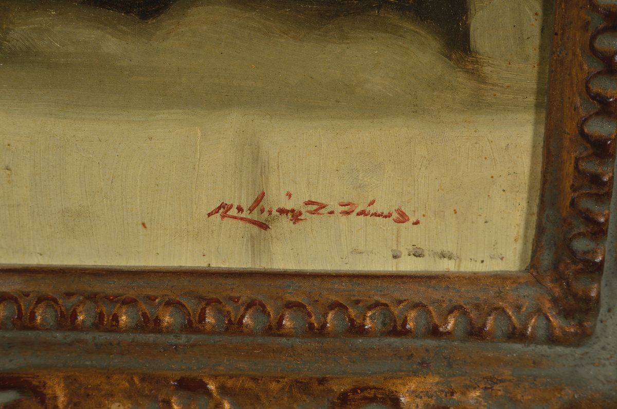 Detail a: Janos Zoltan Molnar, 1880-1960, ungarischer Stilllebenmaler, Stillleben mit Melonenstücken und Trauben, Öl/Malkarton, rechts unten signiert, ca. ...