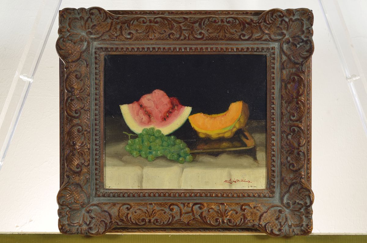 Detail k: Janos Zoltan Molnar, 1880-1960, ungarischer Stilllebenmaler, Stillleben mit Melonenstücken und Trauben, Öl/Malkarton, rechts unten signiert, ca. ...