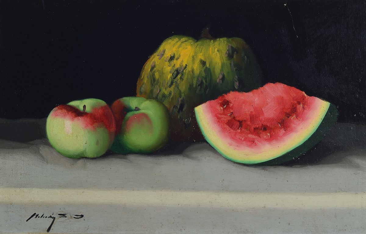 Janos Zoltan Molnar, 1860-1960, ungarischer Stilllebenmaler, Stillleben mit Melone und Äpfeln, Öl/Malkarton, links unten signiert, ca. ...