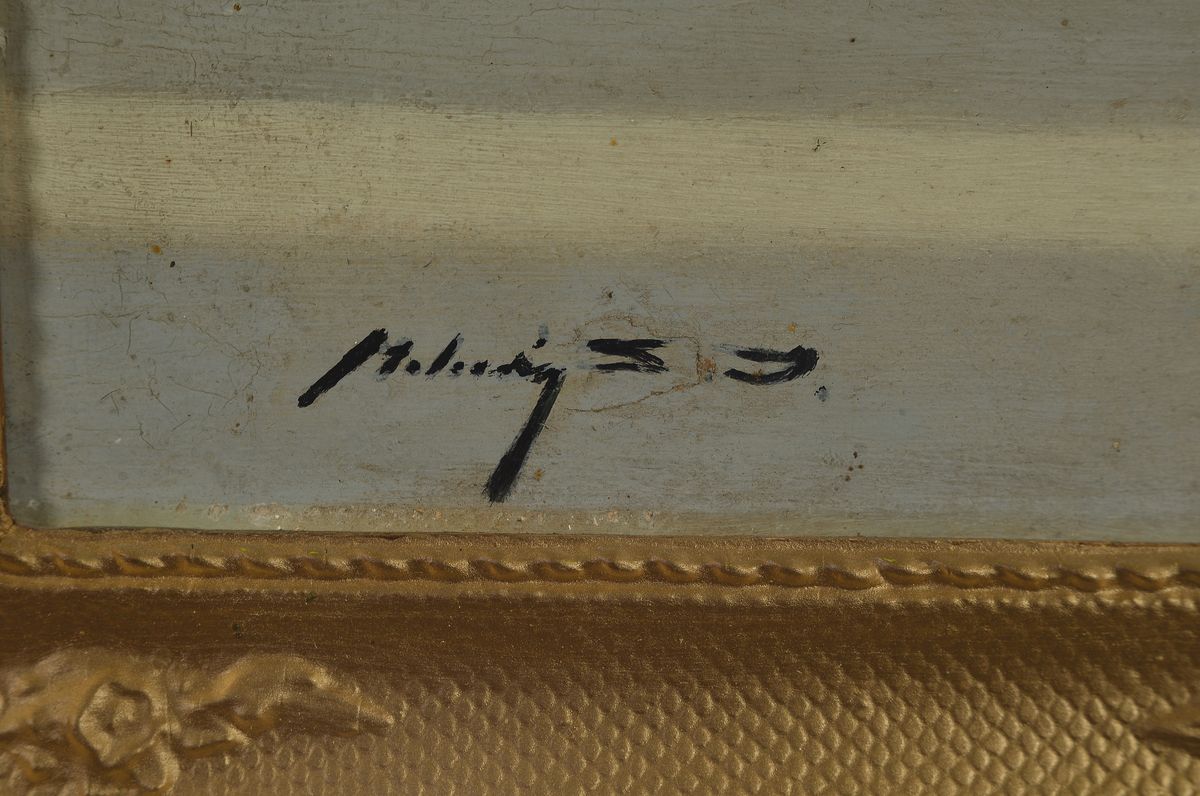 Detail a: Janos Zoltan Molnar, 1860-1960, ungarischer Stilllebenmaler, Stillleben mit Melone und Äpfeln, Öl/Malkarton, links unten signiert, ca. ...